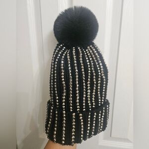 Black Beanie with Rhinestone Stripes